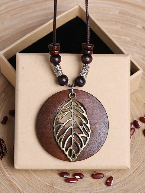 Vintage Alloy Leaf Wooden Pandent Necklace