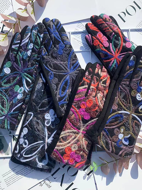 Guantes de ciclismo cálidos con bordado de flores étnicas para mujer