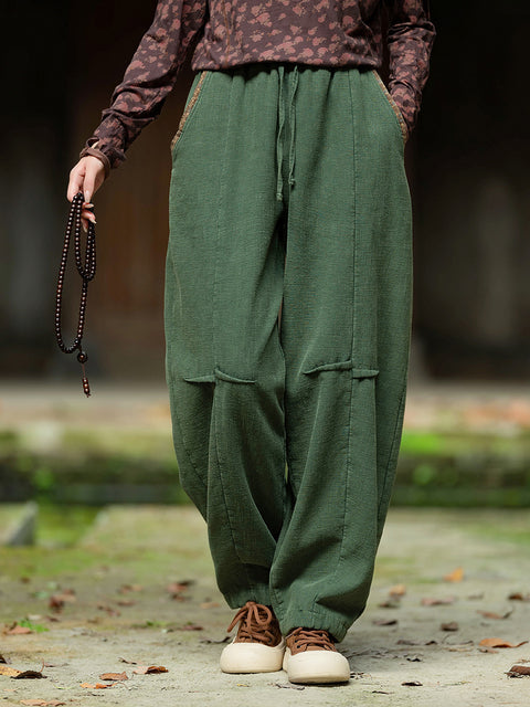 Women Winter Retro Solid Spliced Padded Harem Pants