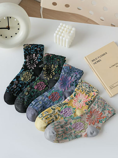 5 parejas Flor vintage Jacquard Calcetines de mediana edad