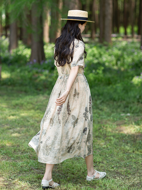 Vestido de ramio con cordón y estampado de tinta artístico de talla grande para mujer