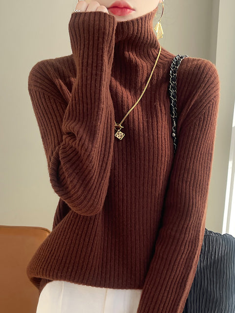 Women Autumn Casual Solid Turtleneck Wool Knit Sweater