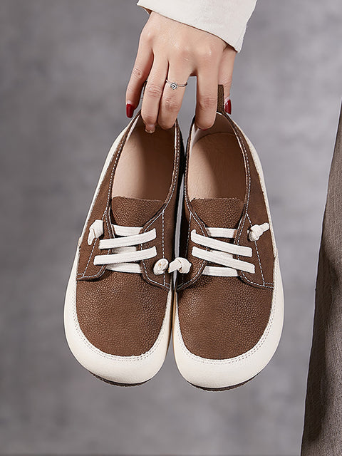 Women Vintage Genuine Leather Colorblock Flat Shoes