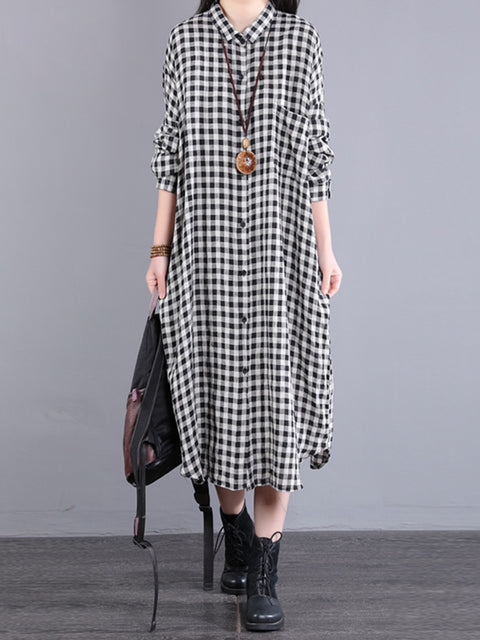 Plus Size Women Casual Plaid Pocket Loose Linen Cardigan Dress