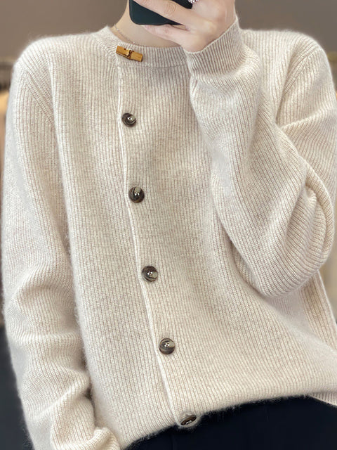 Women Autumn Solid Knit Wool Buttoned O-Neck Sweater