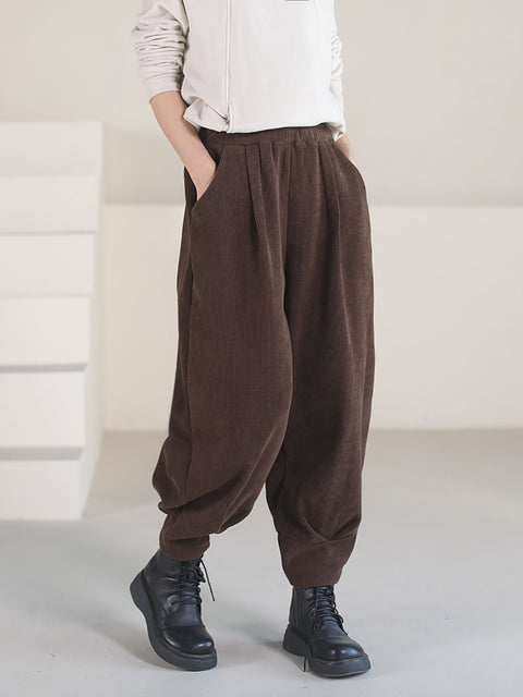 Pantalones de pana de invierno lisos vintage para mujer de talla grande