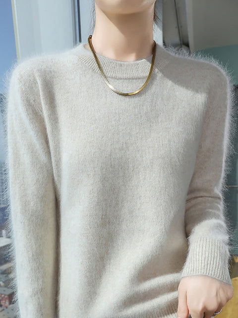 Women Autumn Casual O-Neck Soft 100%Wool Sweater