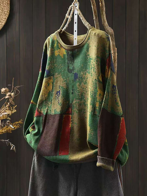 Women Autumn Casual Colorblock Knit O-Neck Sweater