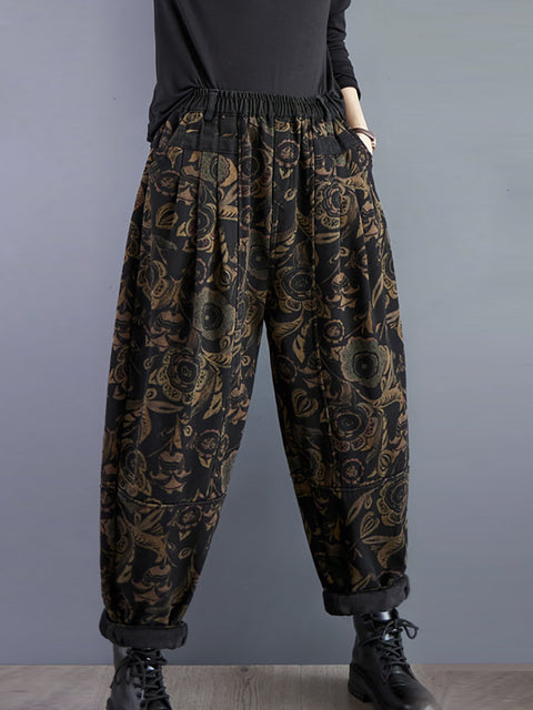 Pantalones Harem con forro polar de invierno con flores retro para mujer