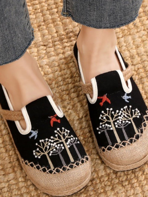 Women Summer Flower Embroidery Linen Cotton Shoes