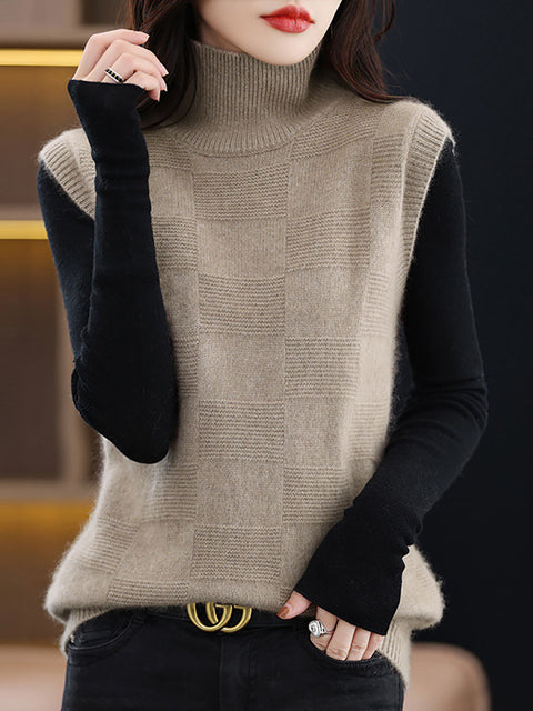 Women Casual Wool Turtleneck Plaid Knit Vest