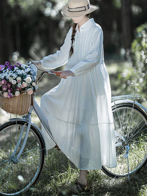 Vestido de primavera liso fruncido 100% lino de talla grande para mujer