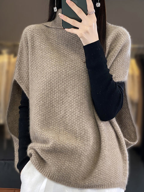 Women Autumn Solid Turtleneck 100%Wool Knit Loose Vest