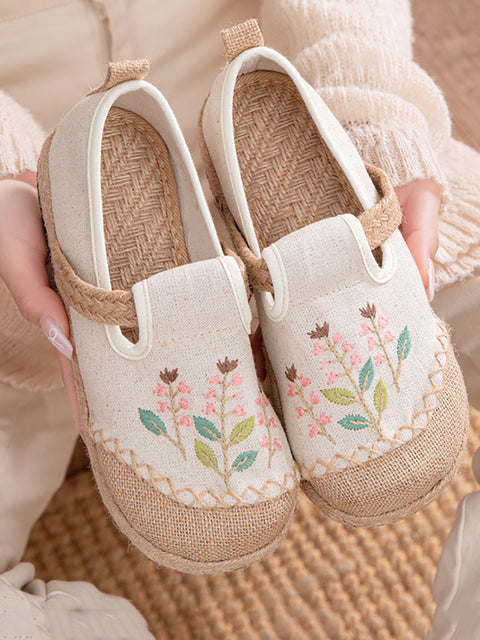 Zapatos planos de lino y algodón con bordado de flores étnicas para mujer