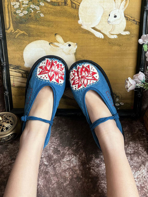 Women Summer Ethnic Lotus Print Cloth Shoes