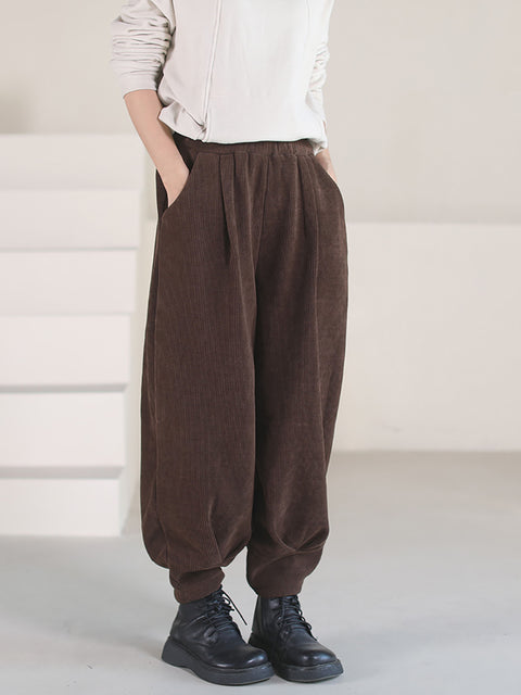 Pantalones de pana de invierno lisos vintage para mujer de talla grande