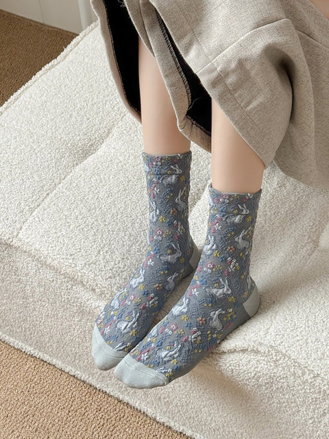 5 Pairs Women Artsy Floral Jacquard Cotton Socks