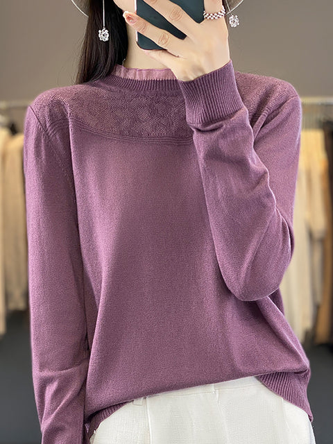 Women Autumn Lacework Neck 100%Wool Loose Sweater