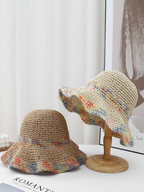 Sombrero de paja tejido colorido y artístico para mujer, resistente al sol, para verano