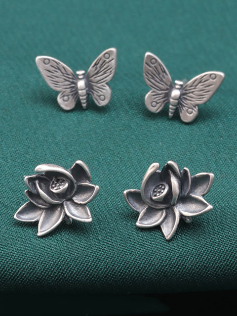 Pendientes vintage de mariposa y flor plateada S925