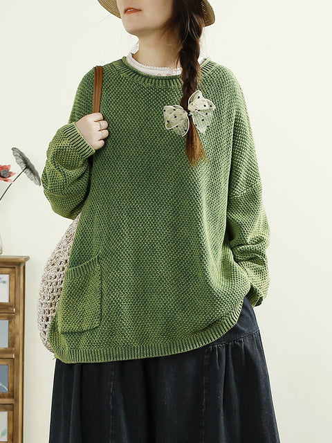 Women Casual Autumn O-Neck Solid Knit Sweater