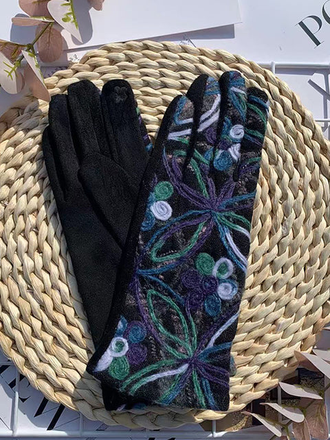 Guantes de ciclismo cálidos con bordado de flores étnicas para mujer