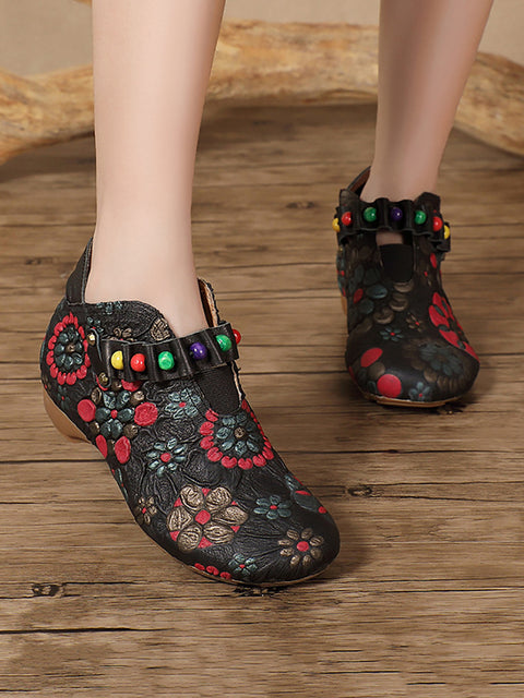 Women Ethnic Flower Embossing Leather Bead Low Heel Shoes