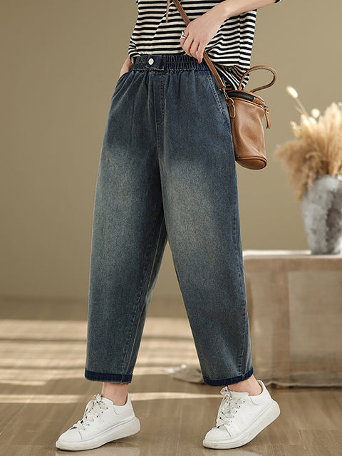 Women Spring Retro Pure Color Denim Harem Pants