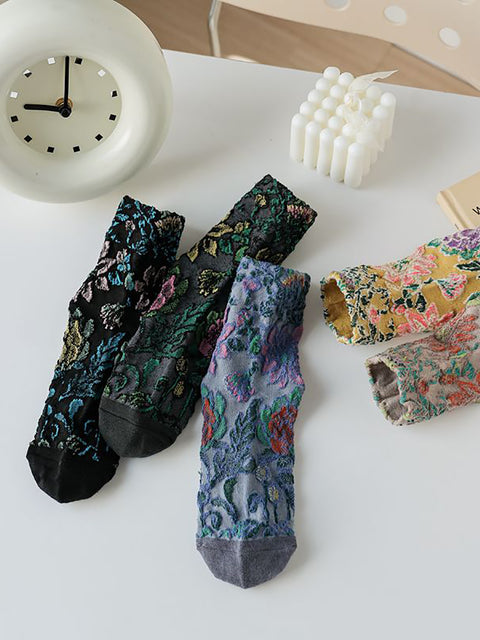 5 parejas Flor vintage Jacquard Calcetines de mediana edad