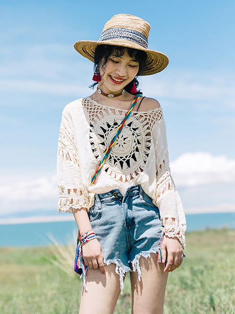 Camisa a prueba de sol calada de punto de viaje de verano para mujer