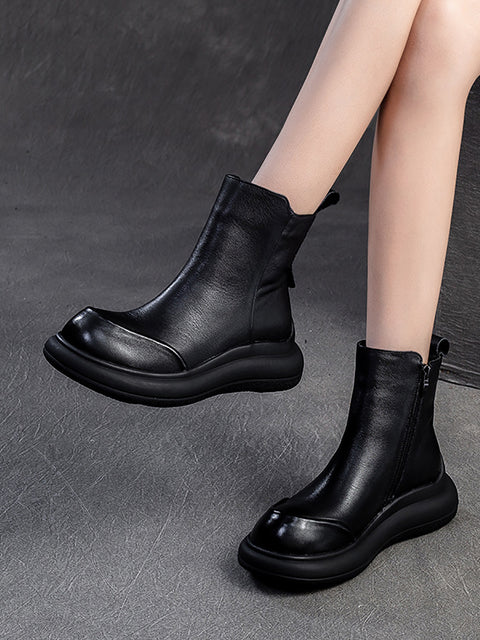 Women Winter Casual Zipper Leather Mid Heel Boots