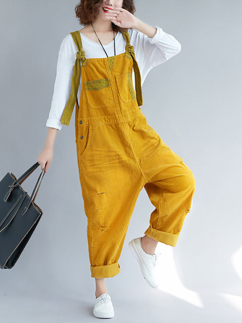 Women Retro Colorblock Autumn Denim Jumpsuits