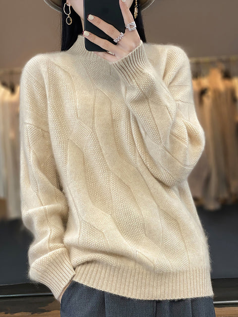 Women Autumn Solid Knit 100%Wool Turtleneck Sweater