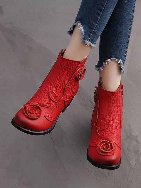 Botas de tacón medio liso de cuero con flores retro para mujer