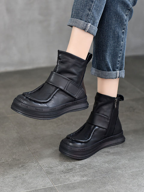 Women Vintage Soft Leather Spliced Flat Ankle Boots