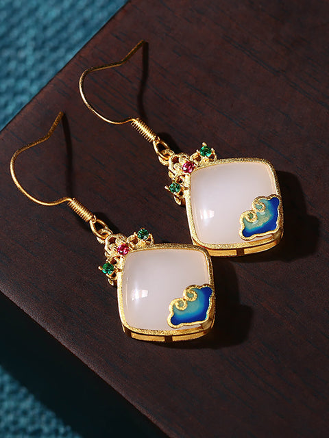 Women Ethnic Jade S925Sliver Enamel Cloud Earrings