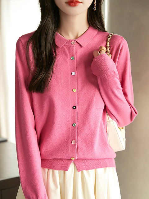 Women Spring Turn-down Collar Knit Sweater