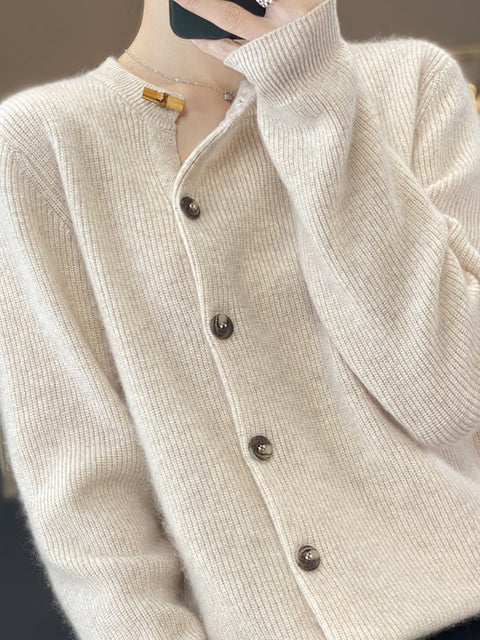 Women Autumn Solid Knit Wool Buttoned O-Neck Sweater