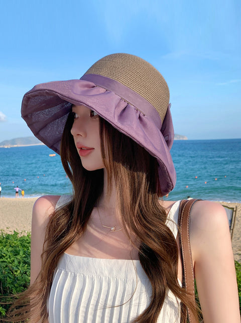 Sombrero de paja con lazo y bloques de colores para mujer, resistente al sol, para verano