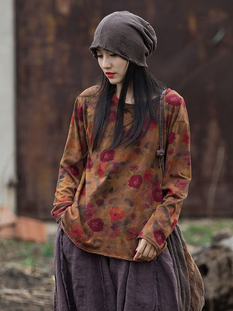 Blusa de algodón con flores y cuello redondo estilo vintage para mujer