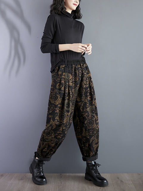 Pantalones Harem con forro polar de invierno con flores retro para mujer