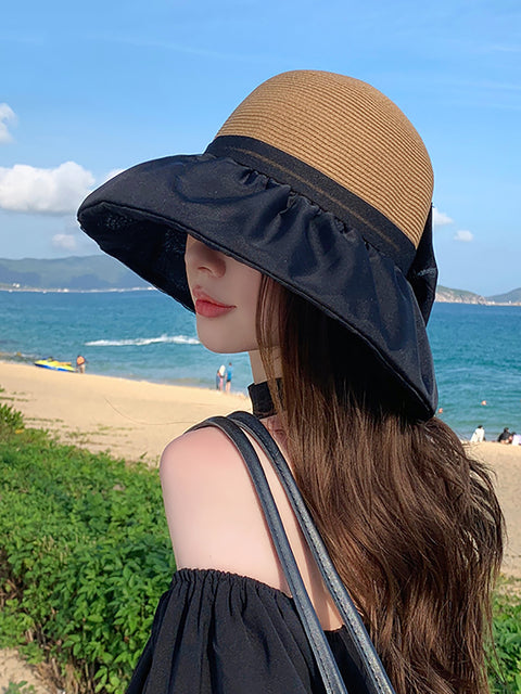 Sombrero de paja con lazo y bloques de colores para mujer, resistente al sol, para verano