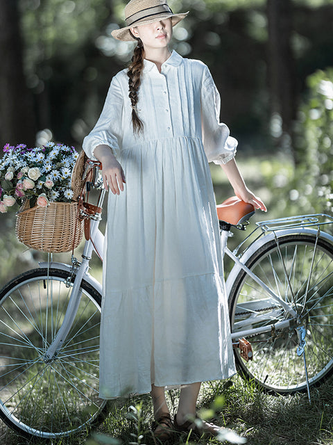 Vestido de primavera liso fruncido 100% lino de talla grande para mujer