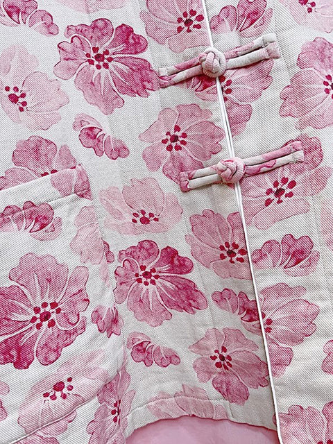 Abrigo acolchado rosa con estampado de flores retro para mujer