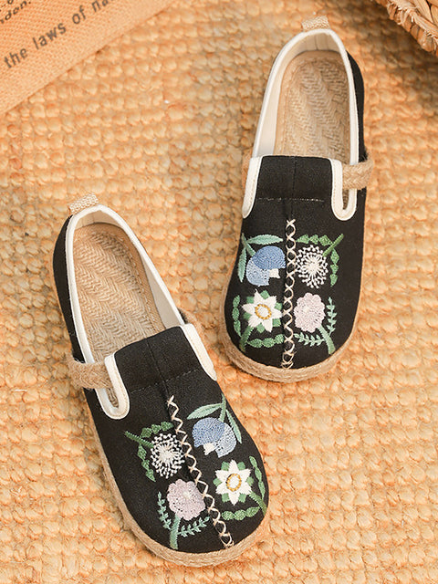 Zapatos artísticos con bordado de flores de lino de verano para mujer