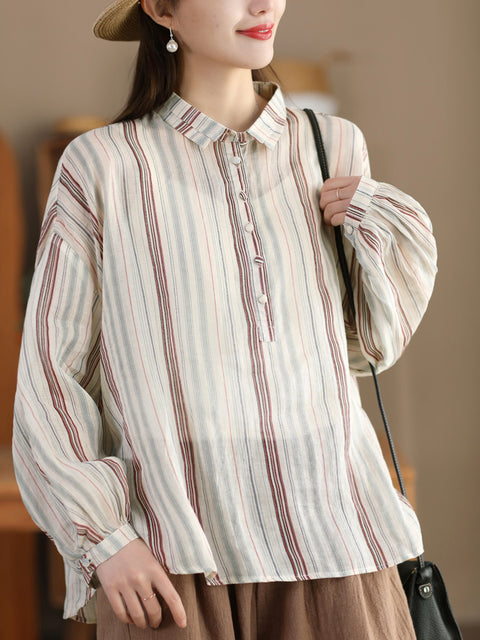 Women Spring Stripe Ramie Loose Linen Shirt