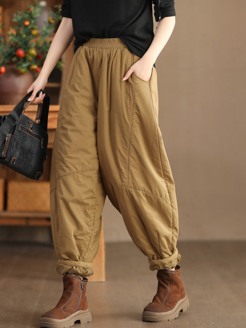 Pantalones Harem acolchados empalmados sólidos vintage de talla grande para mujer