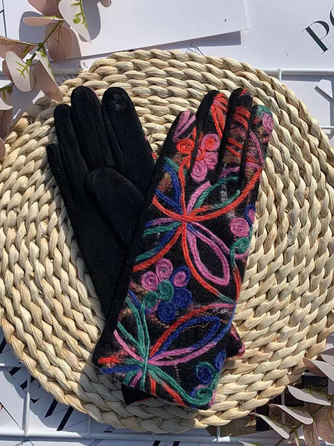 Guantes de ciclismo cálidos con bordado de flores étnicas para mujer