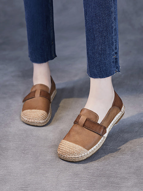 Women Summer Leather Linen Weave Spliced Flat Shoes