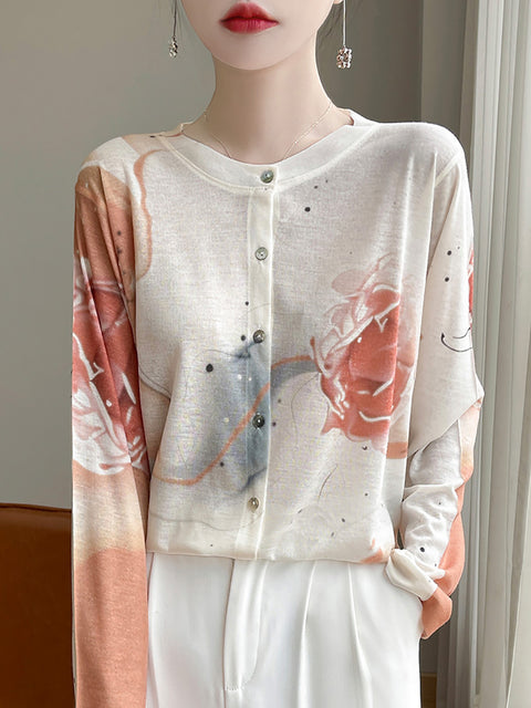 Women Spring Casual Flower O-Neck Thin Shirt